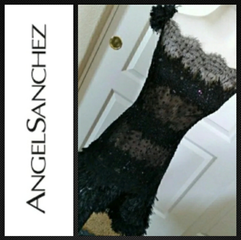 ANGEL SANCHEZ DRESS BLACK LACE FEATHER TRIM FIT AND FLARE SIZE 4 WOMENS 4